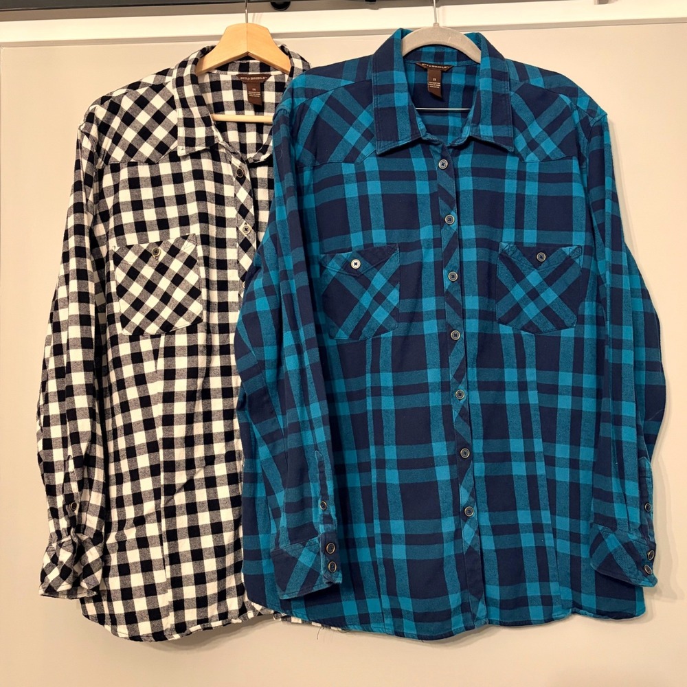 Bit & Bridle Womens 2X Flannel Shirt Lot 2 Buffalo Plaid Western Cotton Teal